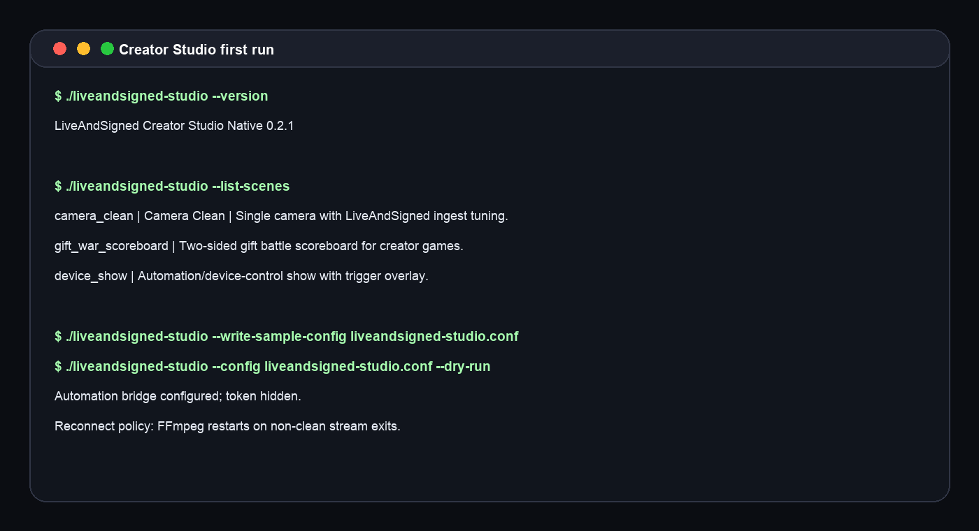 Creator Studio terminal first-run commands screenshot
